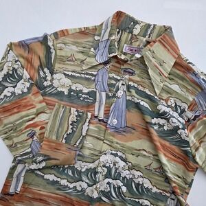 Vintage Jeans West Button Down Shirt Green Novelty Seaside Print Mens 15 Small